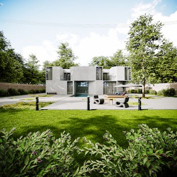 Contemporary architectural house surrounded by vibrant greenery and landscaped garden.